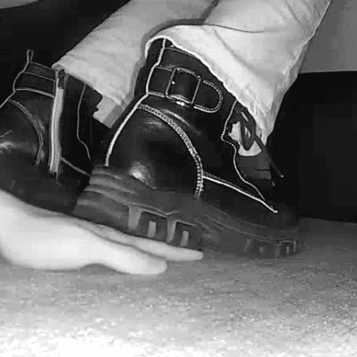 Cinema girl white socks and chunky-heeled leather shoes candid hand trample