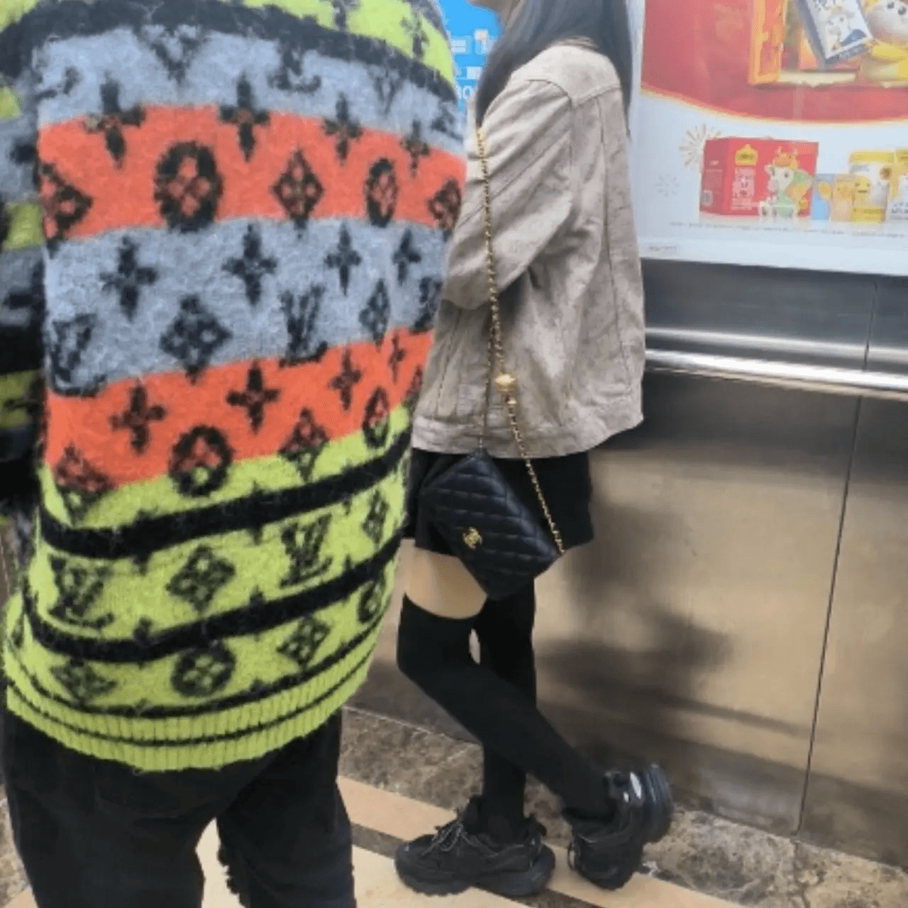 Girl in black stockings with Balenciaga sneaker candid hand trample + Mcqueen sneaker candid hand trample