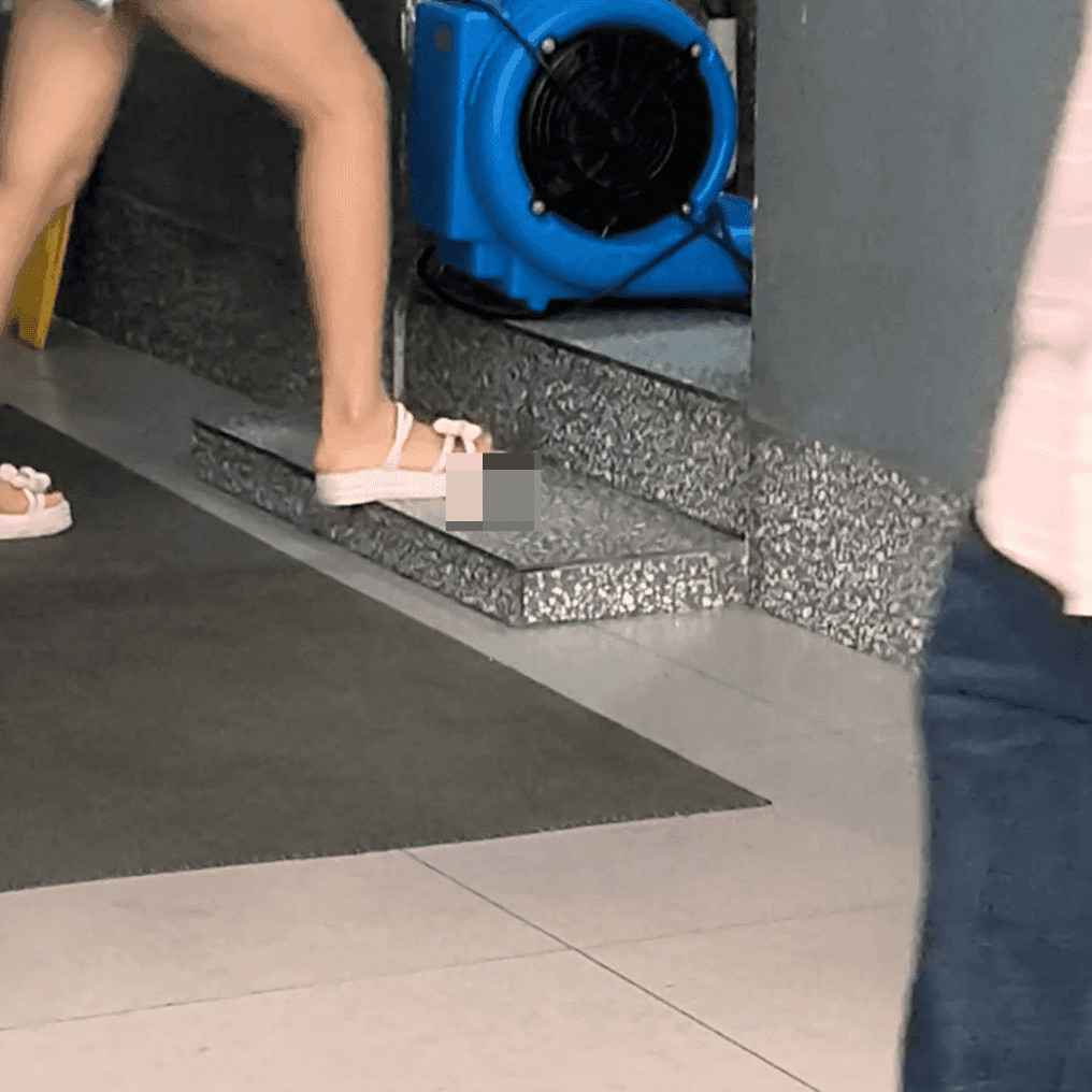 Woman candid crush in the entrance to the restroom + in malls + on the street