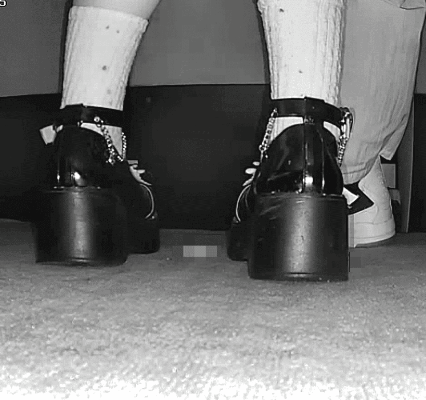 Girl in cinema candid crush with white socks and wedge Mary Jane shoes