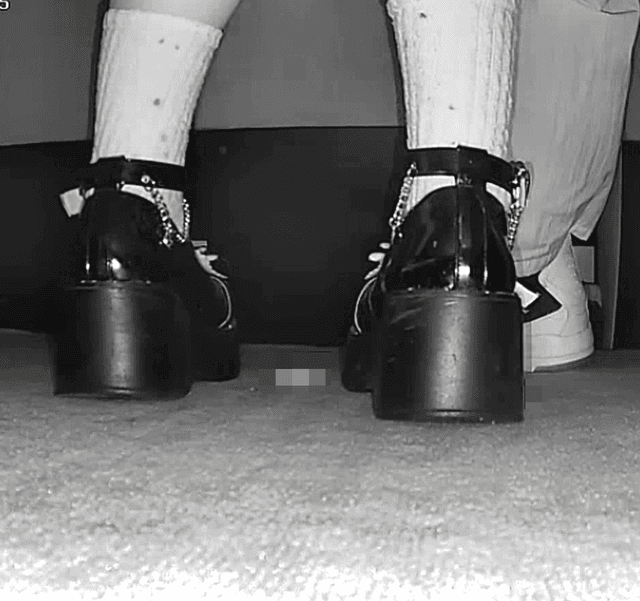 Girl in cinema candid crush with white socks and wedge Mary Jane shoes