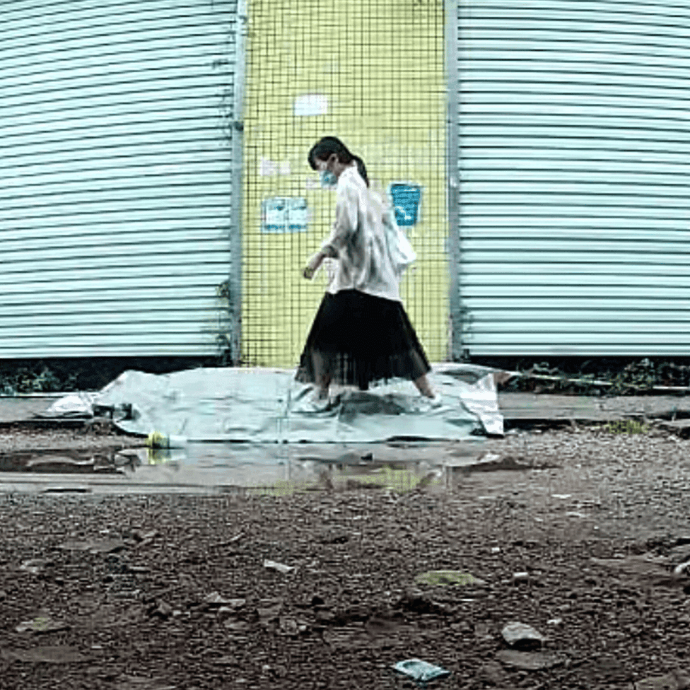 Outdoor human carpet trampled by girls (all girls)