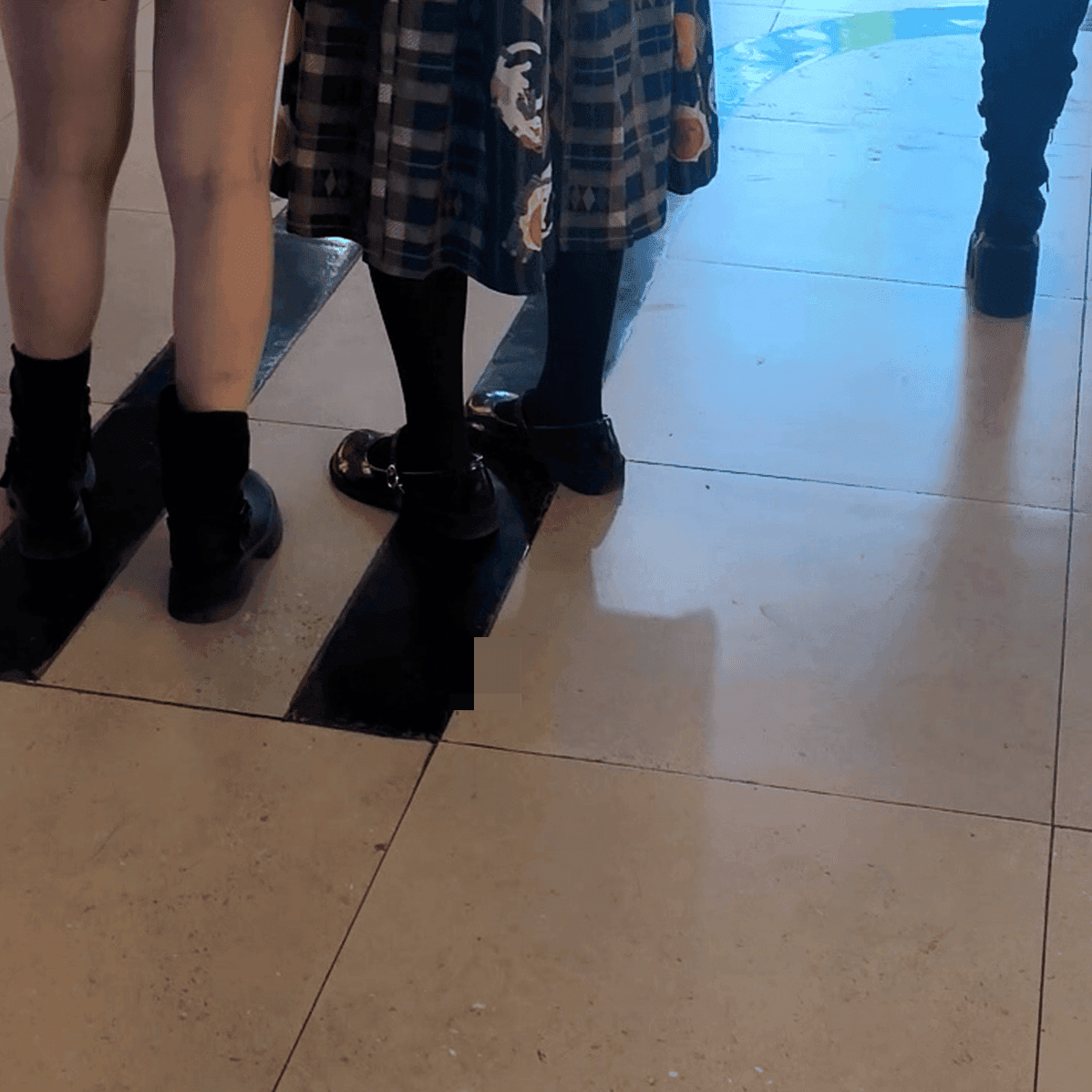 Anime convention cosplay girl in boots + white-socked leather shoes + Mary Janes candid crush