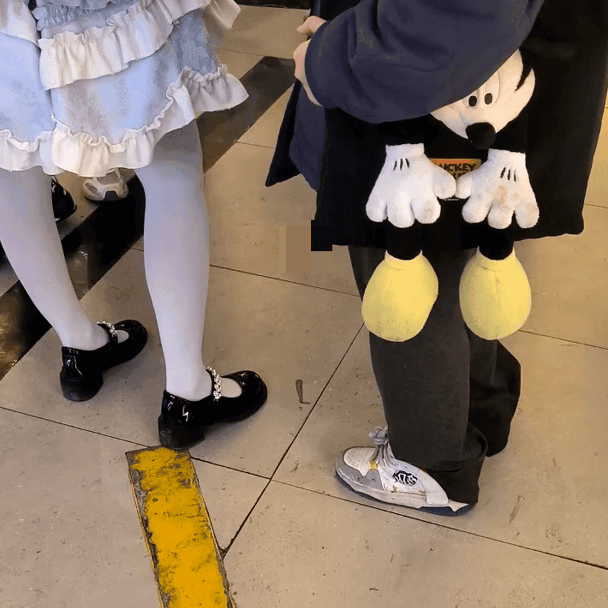 Anime convention cosplay girl in boots + white-socked leather shoes + Mary Janes candid crush