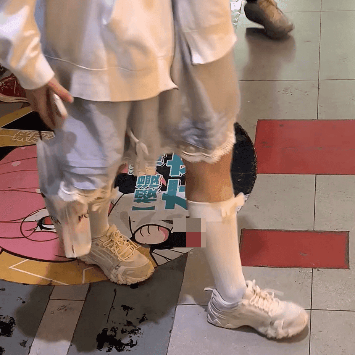 Anime convention cosplay girl in boots + white-socked leather shoes + Mary Janes candid crush