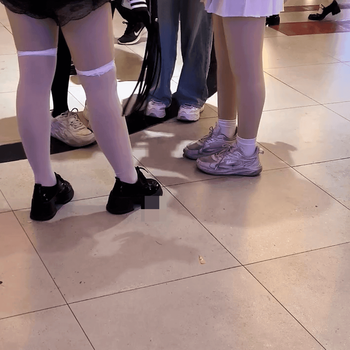 Anime convention cosplay girl in boots + white-socked leather shoes + Mary Janes candid crush
