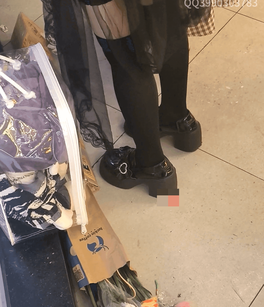 Woman in stockings and leather shoes candid crush at anime convention