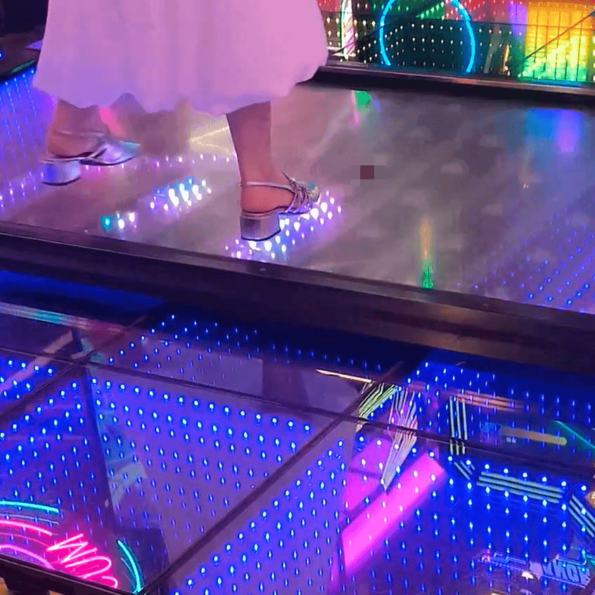 Amusement arcade woman clear chunky heels candid crush + Dance machine woman barefoot candid crush