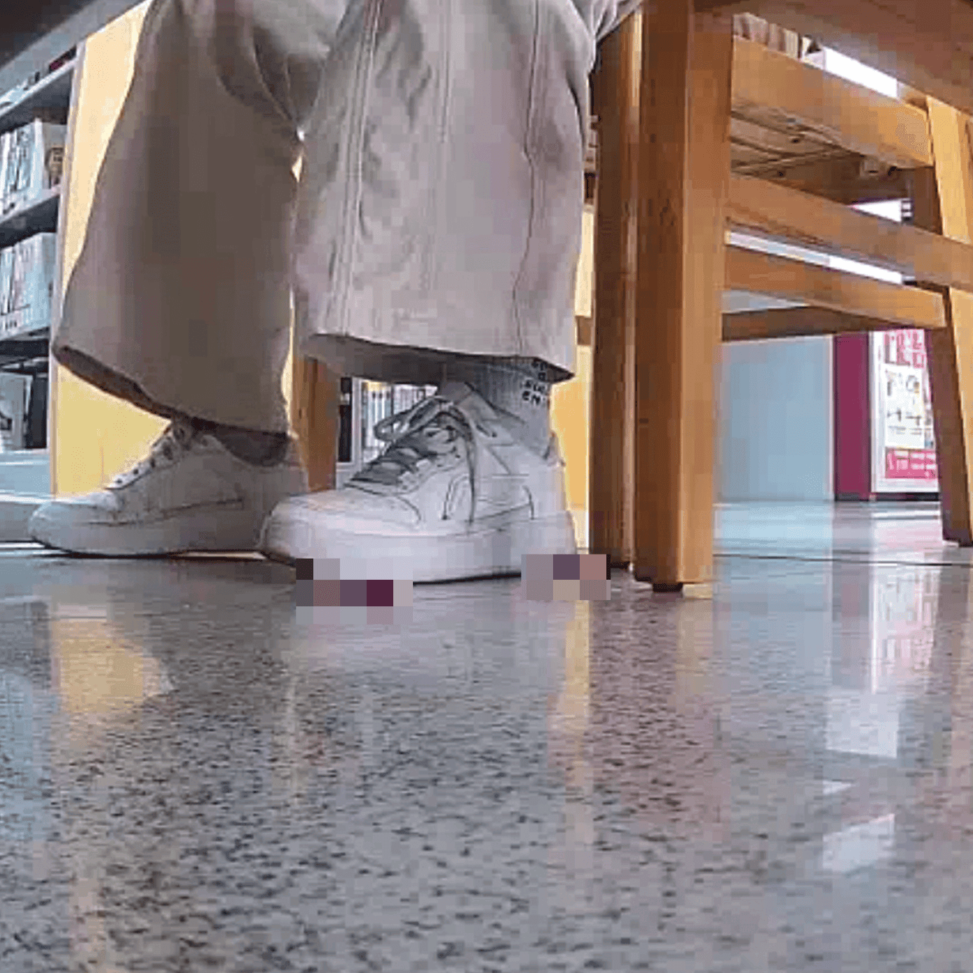 Woman candid crush with white sneakers at the library