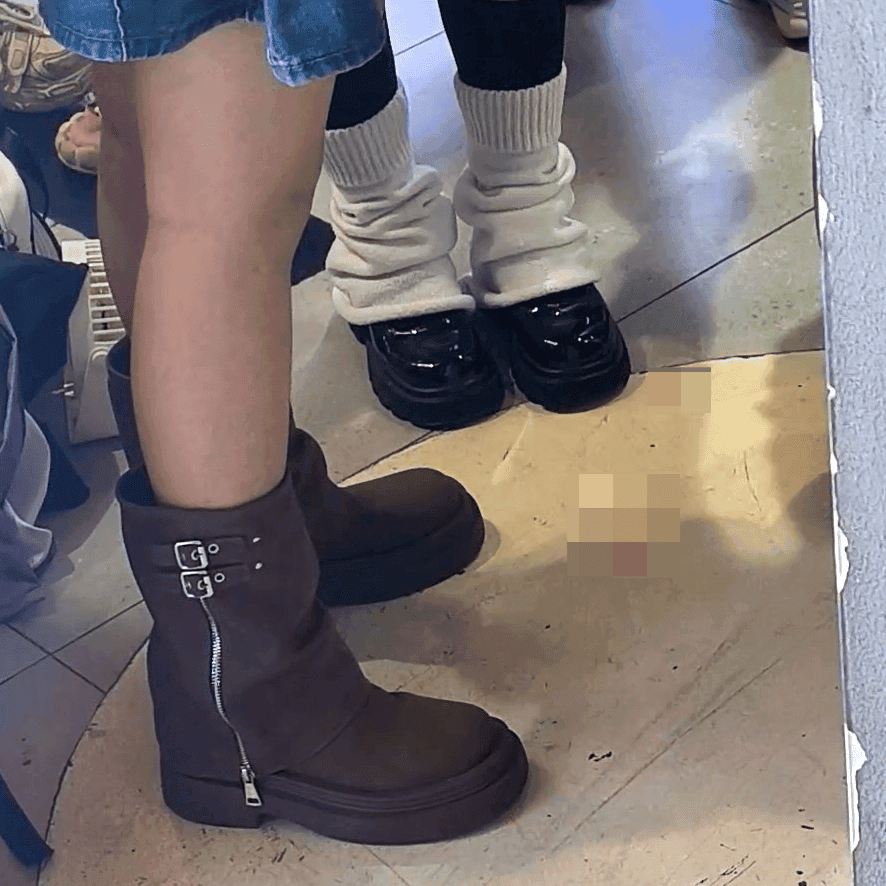 Anime convention cosplay woman in white stockings and leather shoes candid crush
