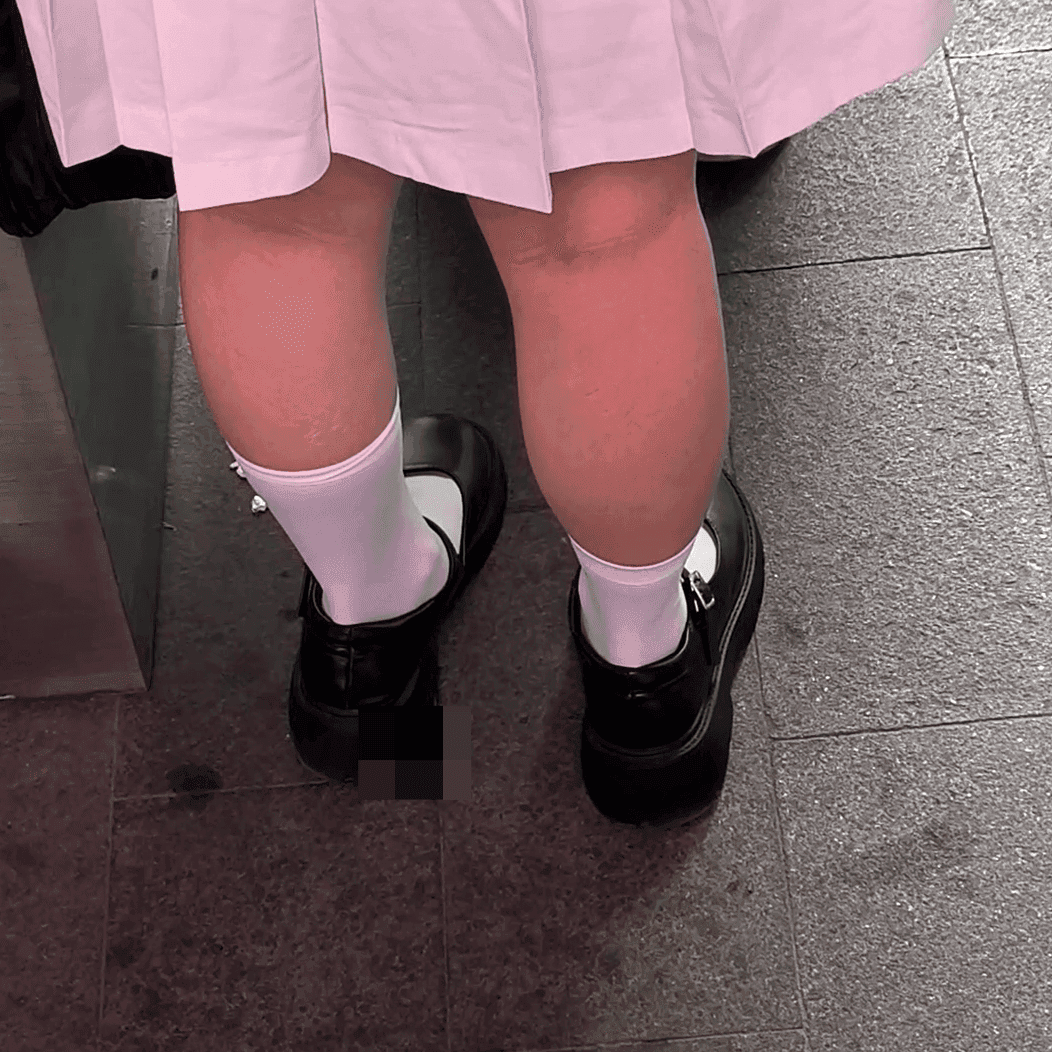 Anime convention woman white socks leather shoes candid crush and noticing