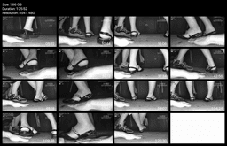 Cinema girl candid stepping on hand with black leather shoes + flat sandals