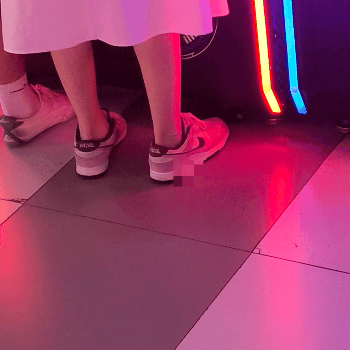Game arcade dance machine and basketball shooting game woman candid crush with sneakers