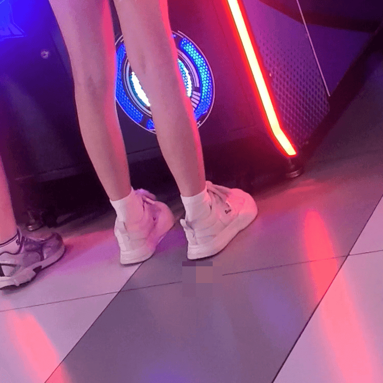 Game arcade lady in leather shoes and flats candid crush repeatedly