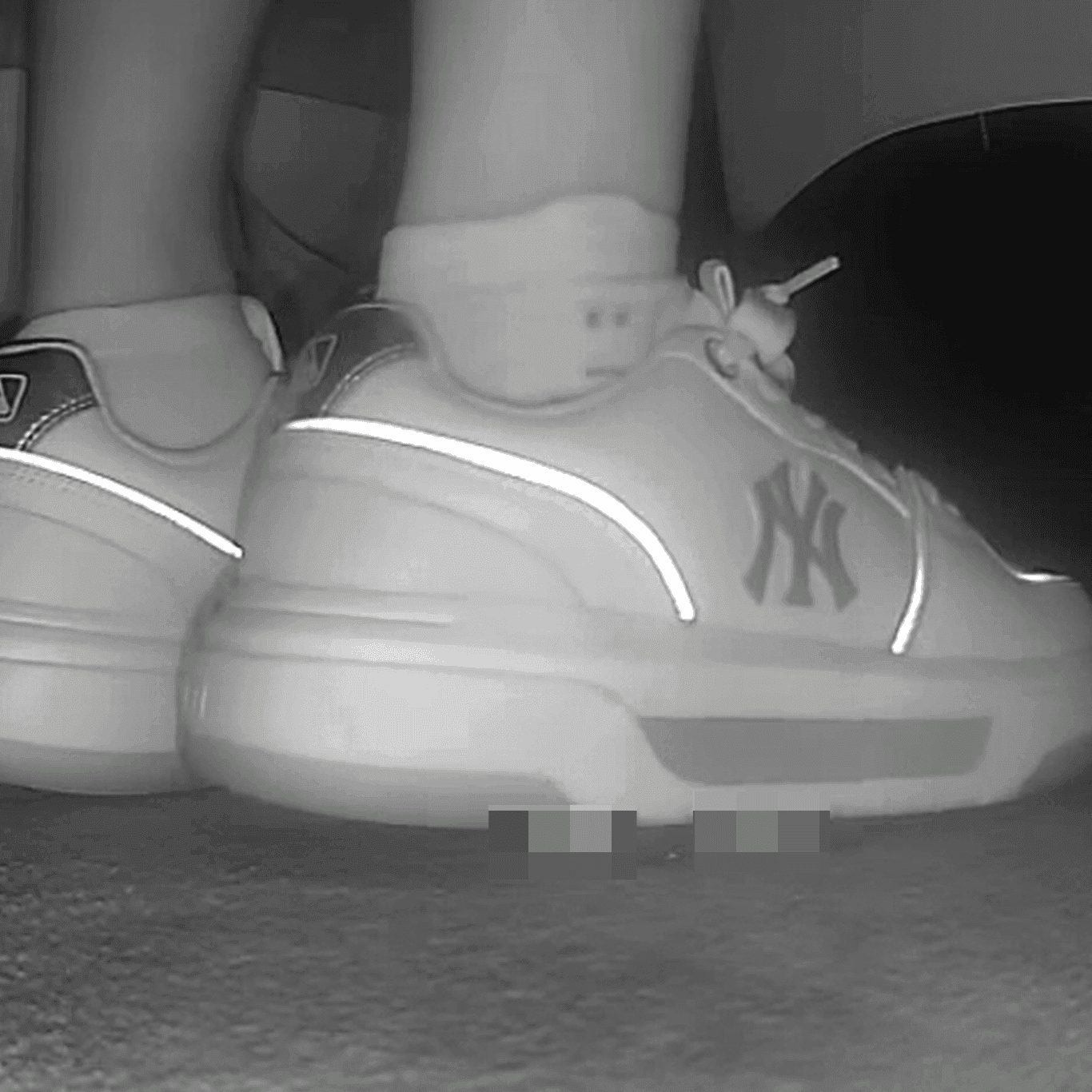 Lady in white socks and MLB chunky sneakers candid crush at cinema
