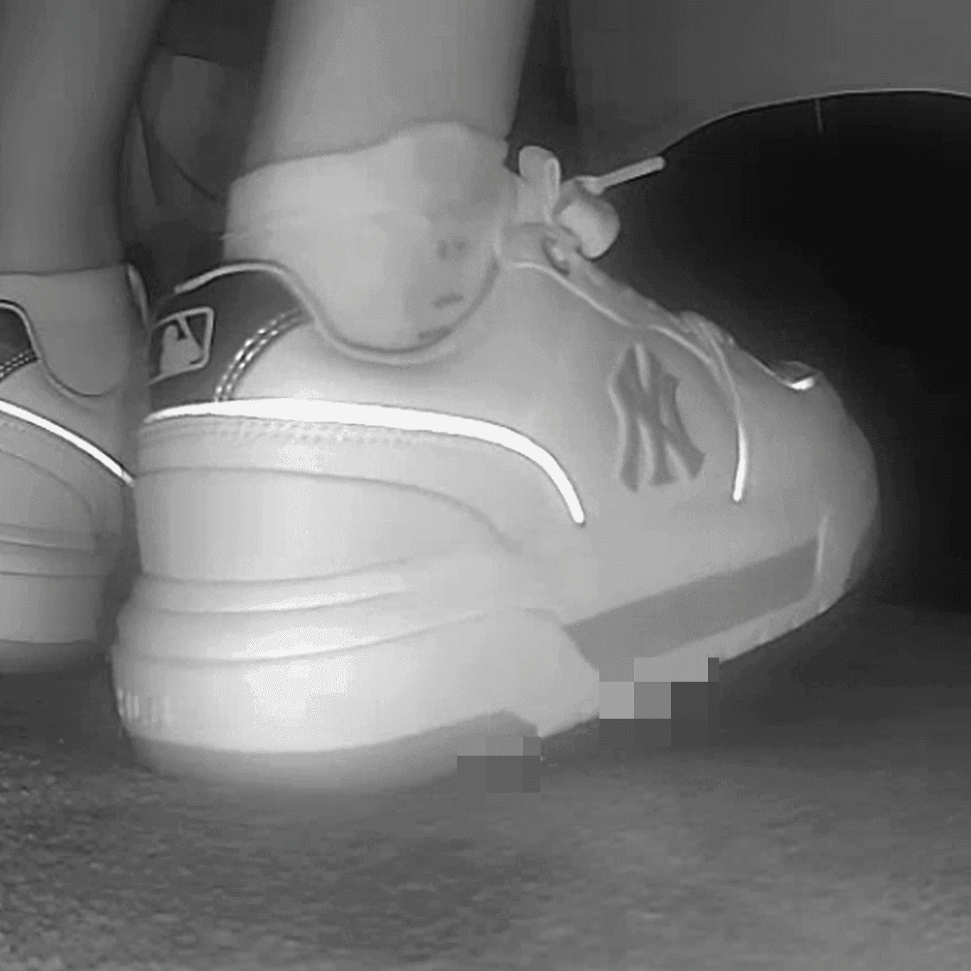 Lady in white socks and MLB chunky sneakers candid crush at cinema