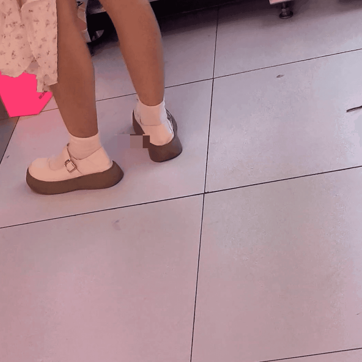 Game arcade lady in sneakers and leather shoes candid crush and stuck to soles