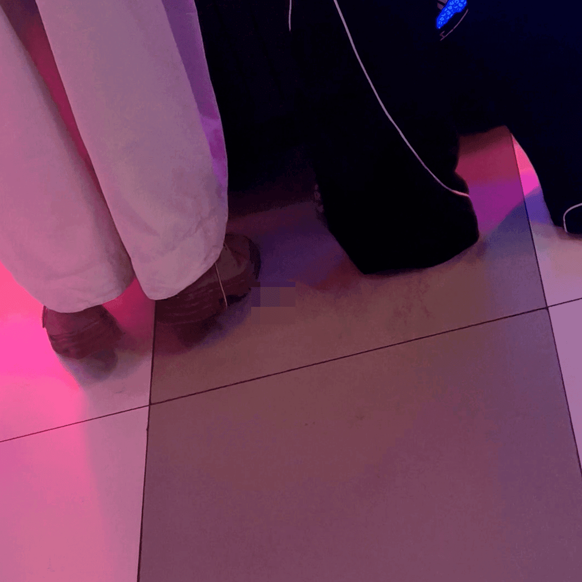 Game arcade lady in sandals and leather shoes candid crush and stuck to soles