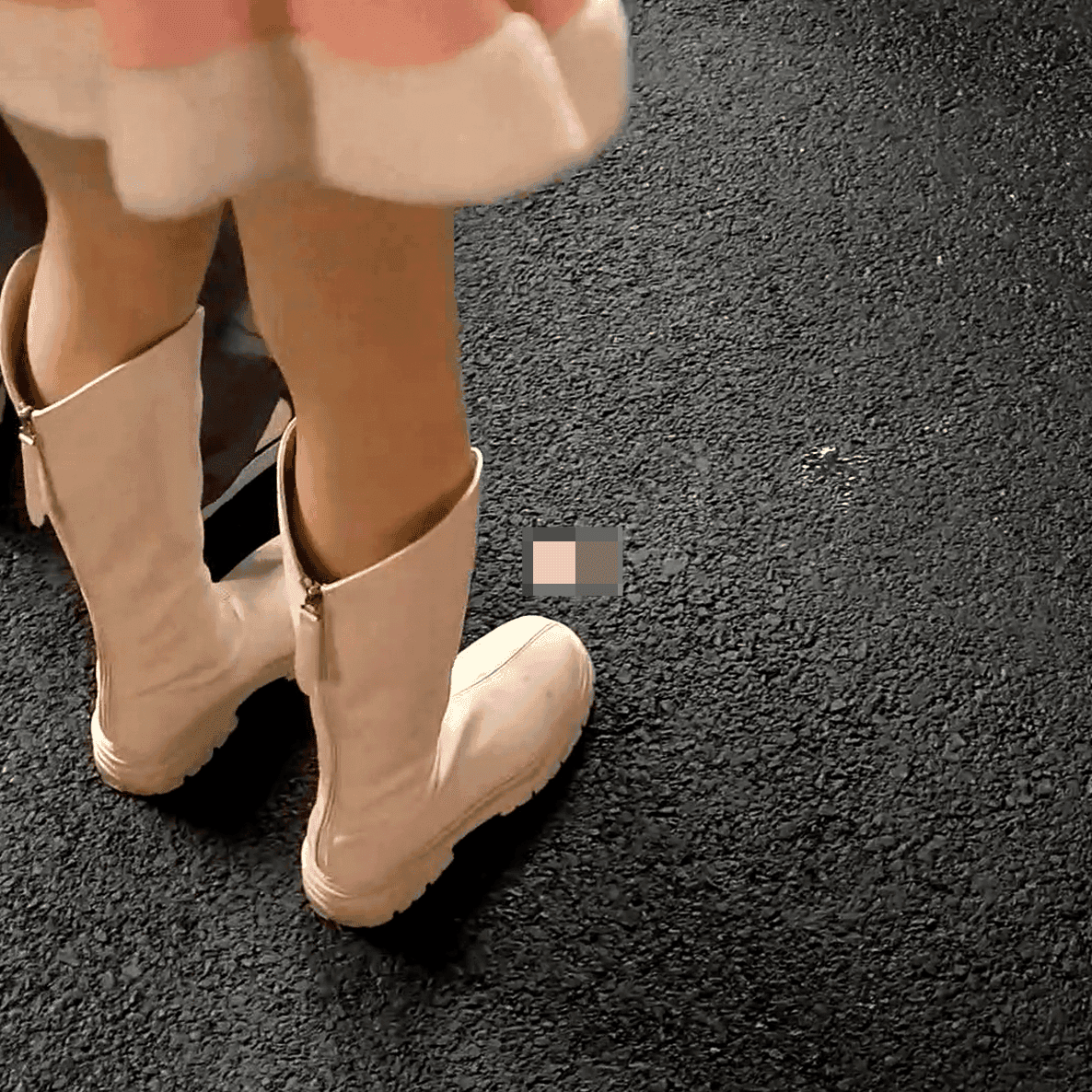 Outdoor plaza women in boots and leather shoes candid crush