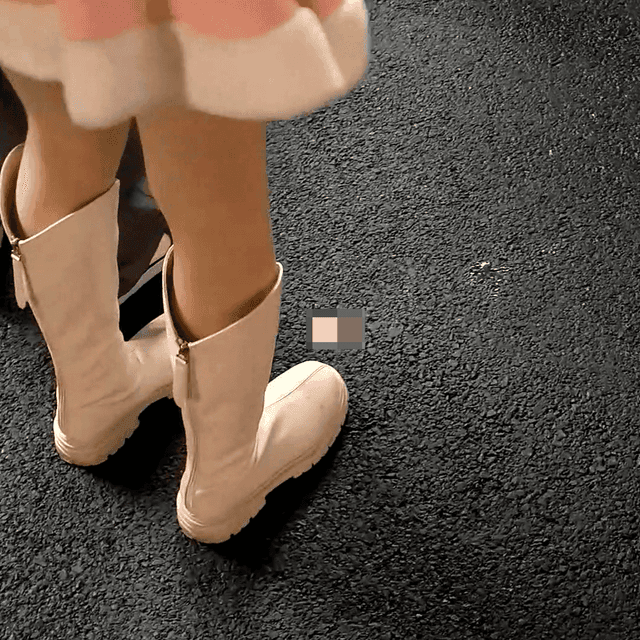 Outdoor plaza women in boots and leather shoes candid crush