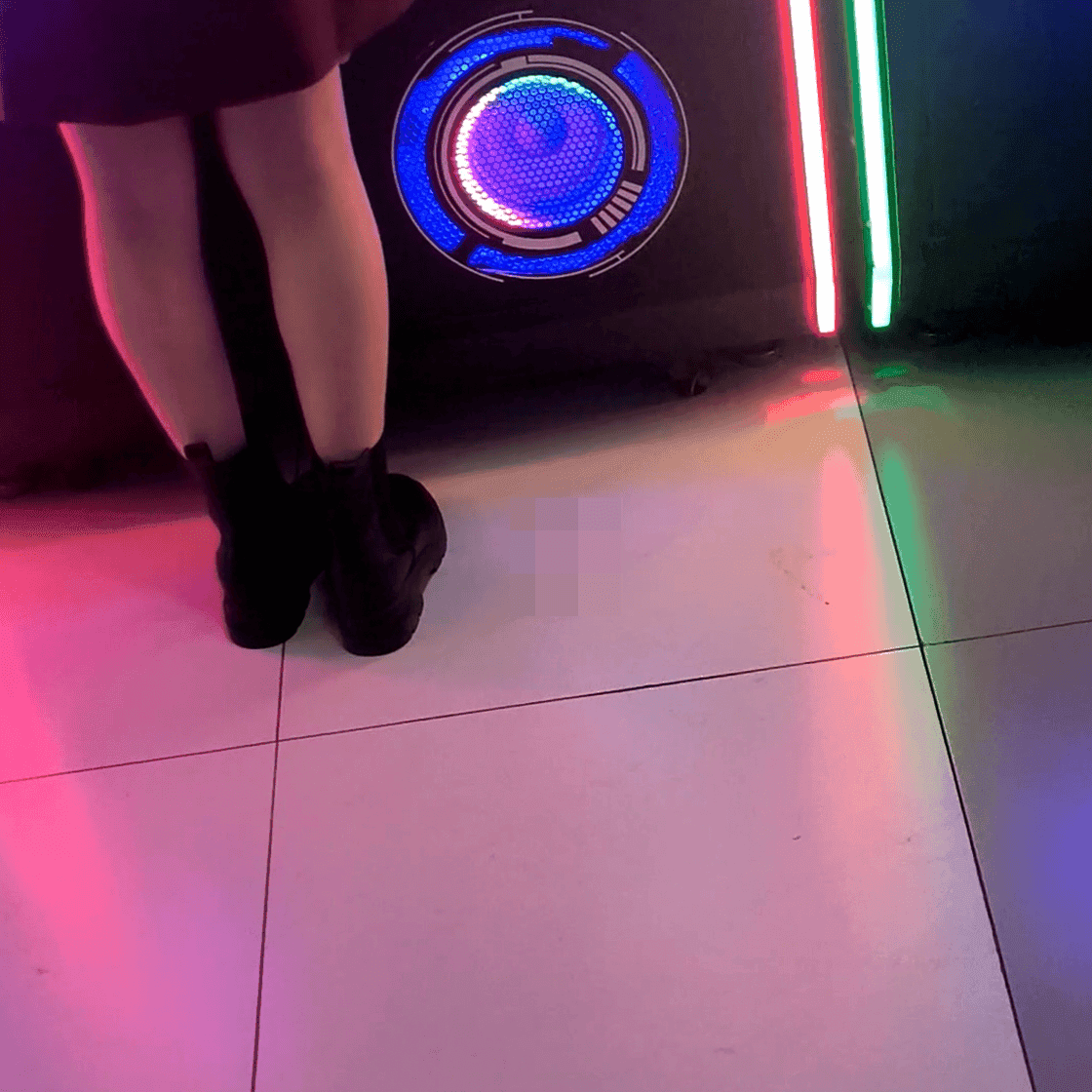 Anime convention cosplay lady in chunky-heeled leather shoes and ankle boots candid crush