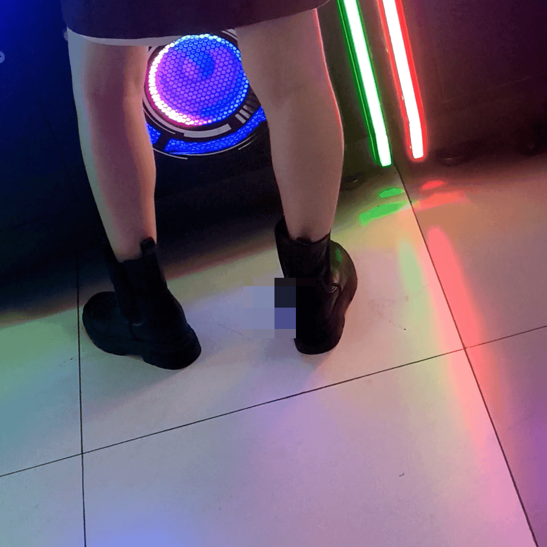 Anime convention cosplay lady in chunky-heeled leather shoes and ankle boots candid crush