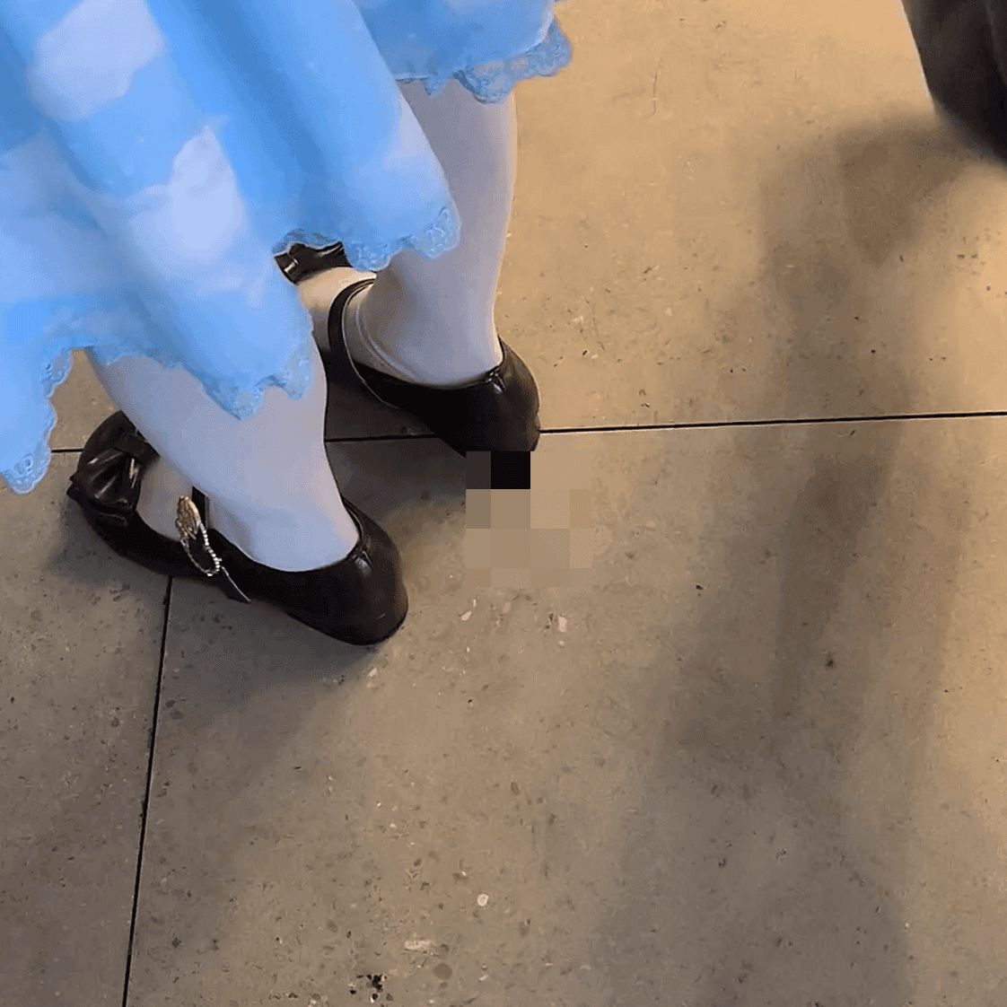 Anime convention cosplay lady in chunky-heeled leather shoes and ankle boots candid crush
