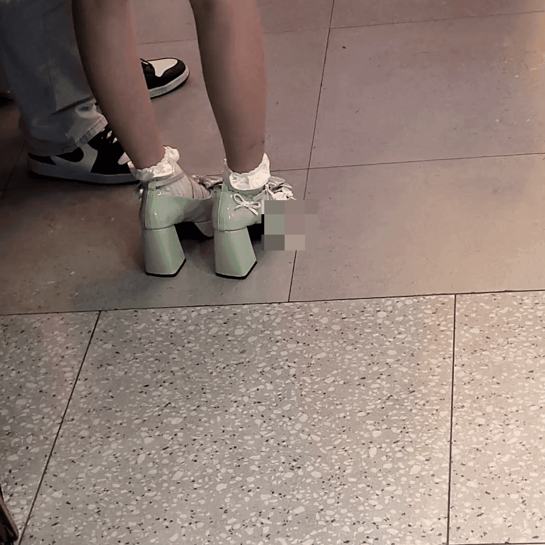 Anime convention cosplay lady in chunky-heeled leather shoes and ankle boots candid crush