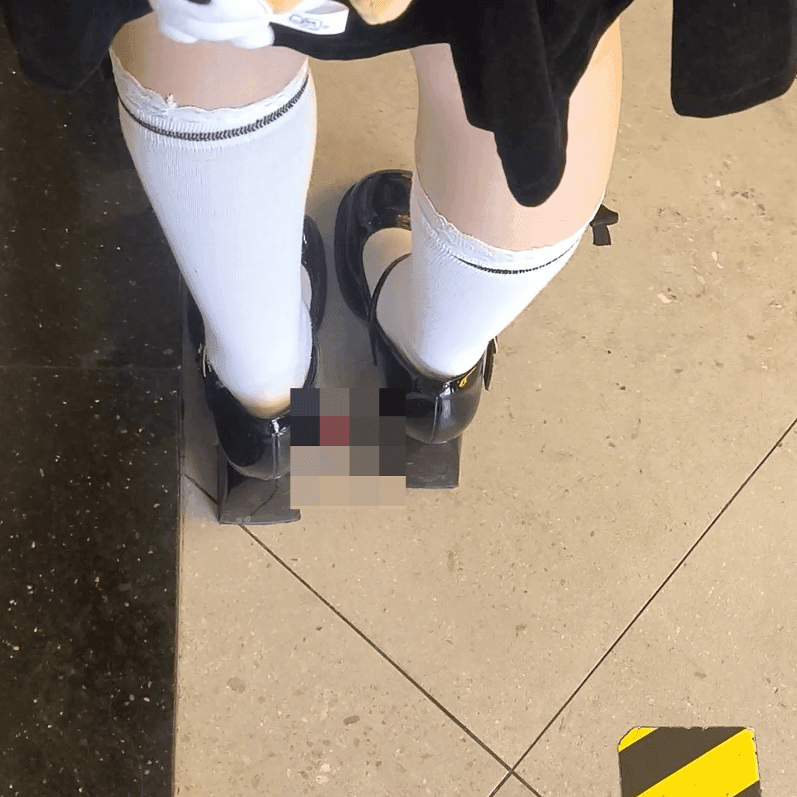 Anime convention cosplay lady in chunky-heeled leather shoes and ankle boots candid crush