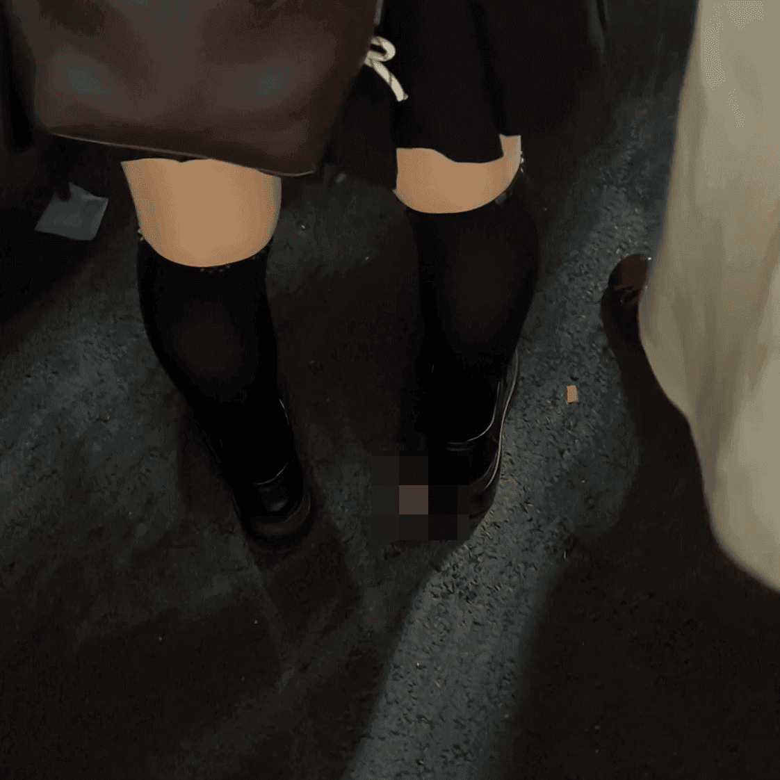 Outdoor plaza women in stockings and leather shoes + long boots candid crush