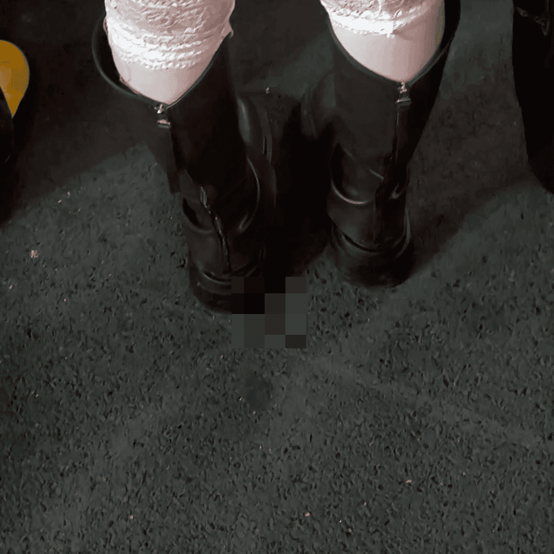 Outdoor plaza women in stockings and leather shoes + long boots candid crush