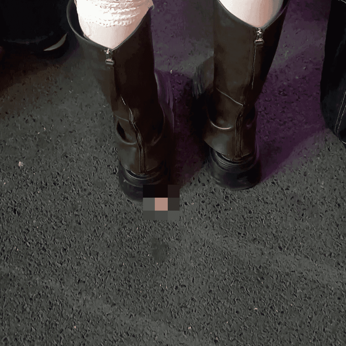 Outdoor plaza women in stockings and leather shoes + long boots candid crush