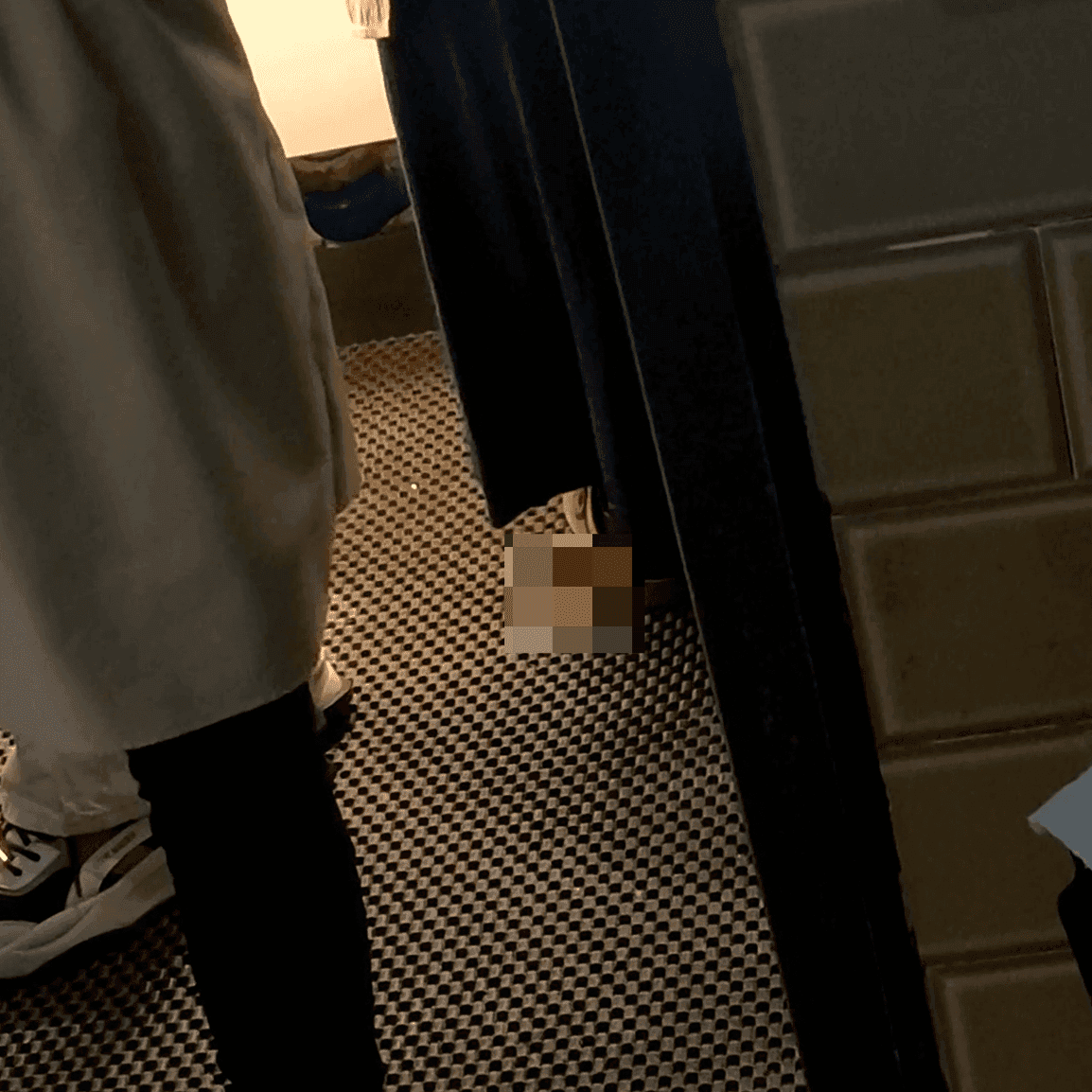 Multiple women in sneakers candid crush at the women's restroom entrance