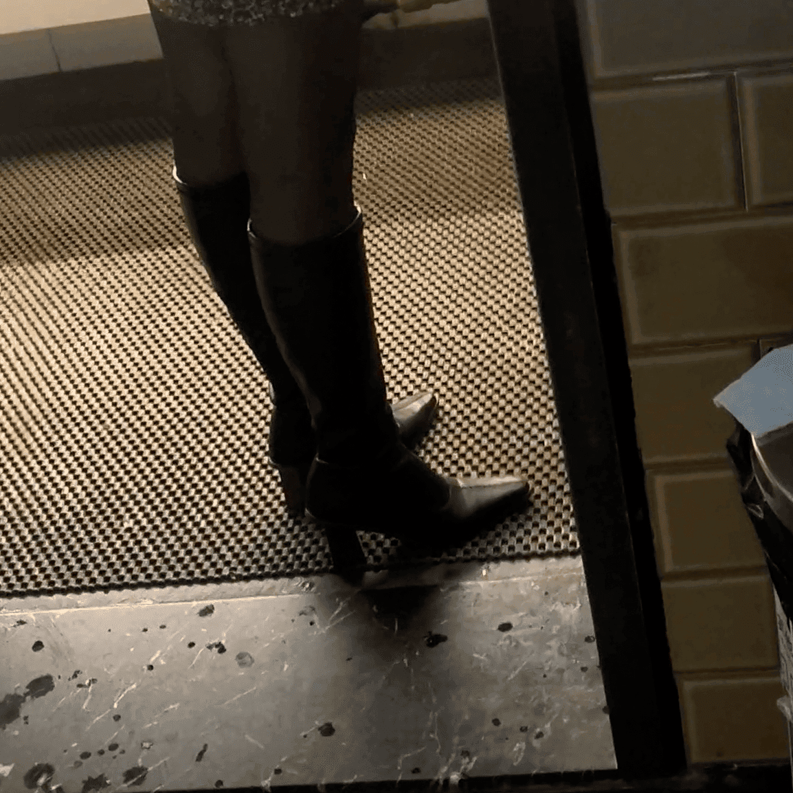 Multiple women in sneakers candid crush at the women's restroom entrance