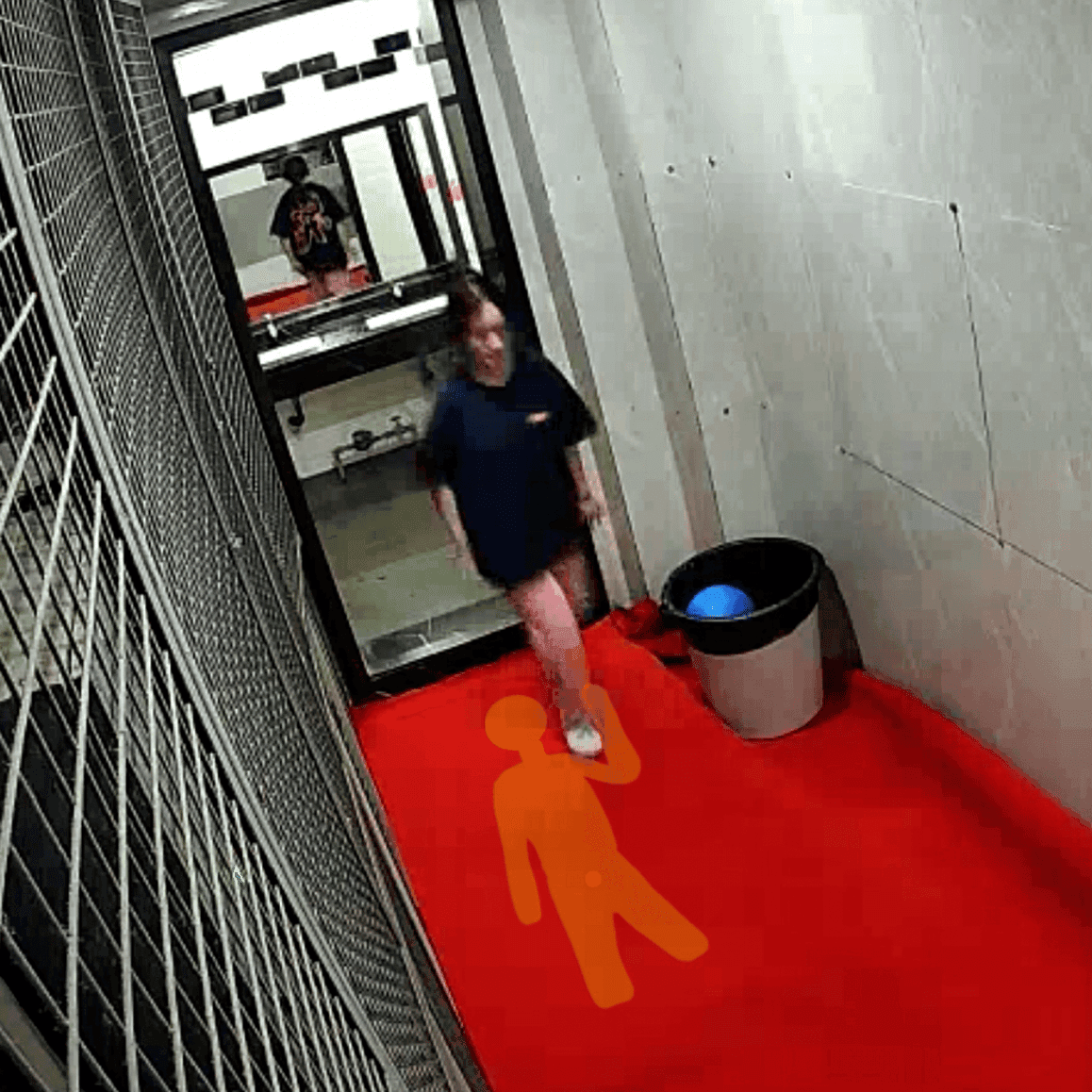 Candid trample on foam mats in the women's restroom corridor