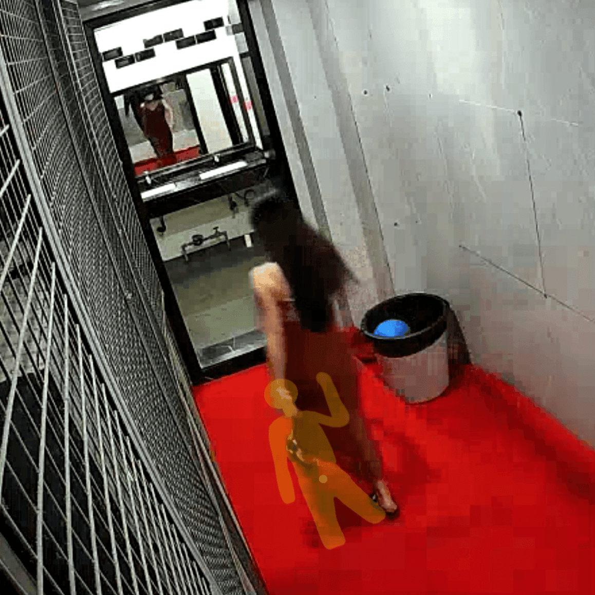 Candid trample on foam mats in the women's restroom corridor