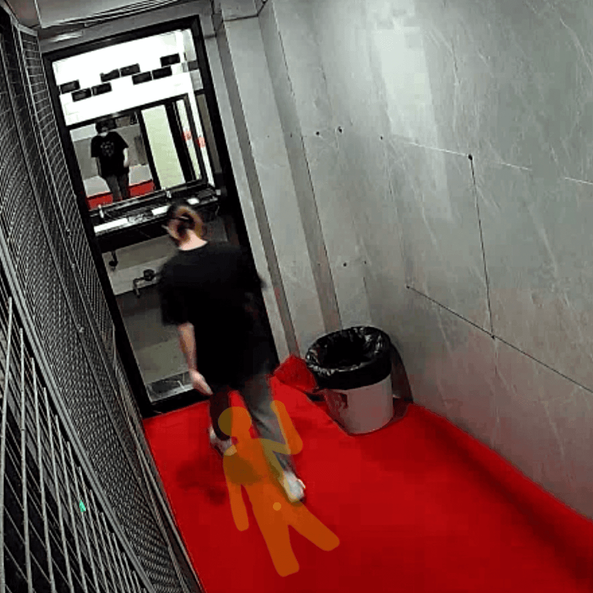 Candid trample on foam mats in the women's restroom corridor