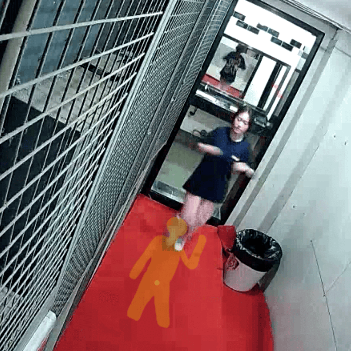 Candid trample on foam mats in the women's restroom corridor