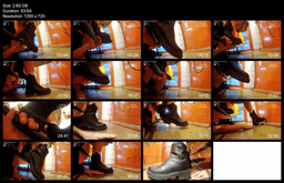 Cute girl candid hand trample with black chunky-heeled ankle boots in mini KTV