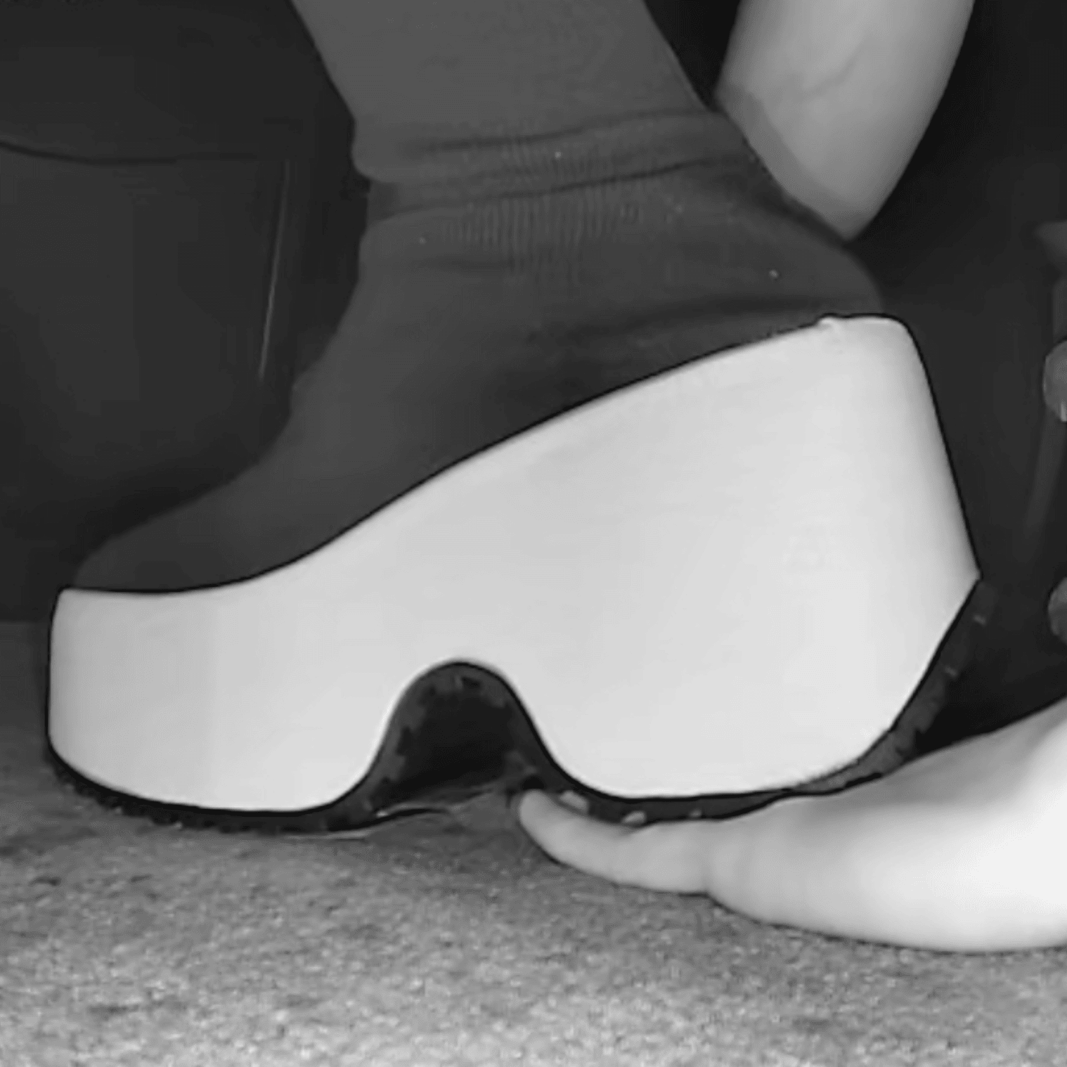 Girl candid hand trample with platform shoes in cinema + candid crush