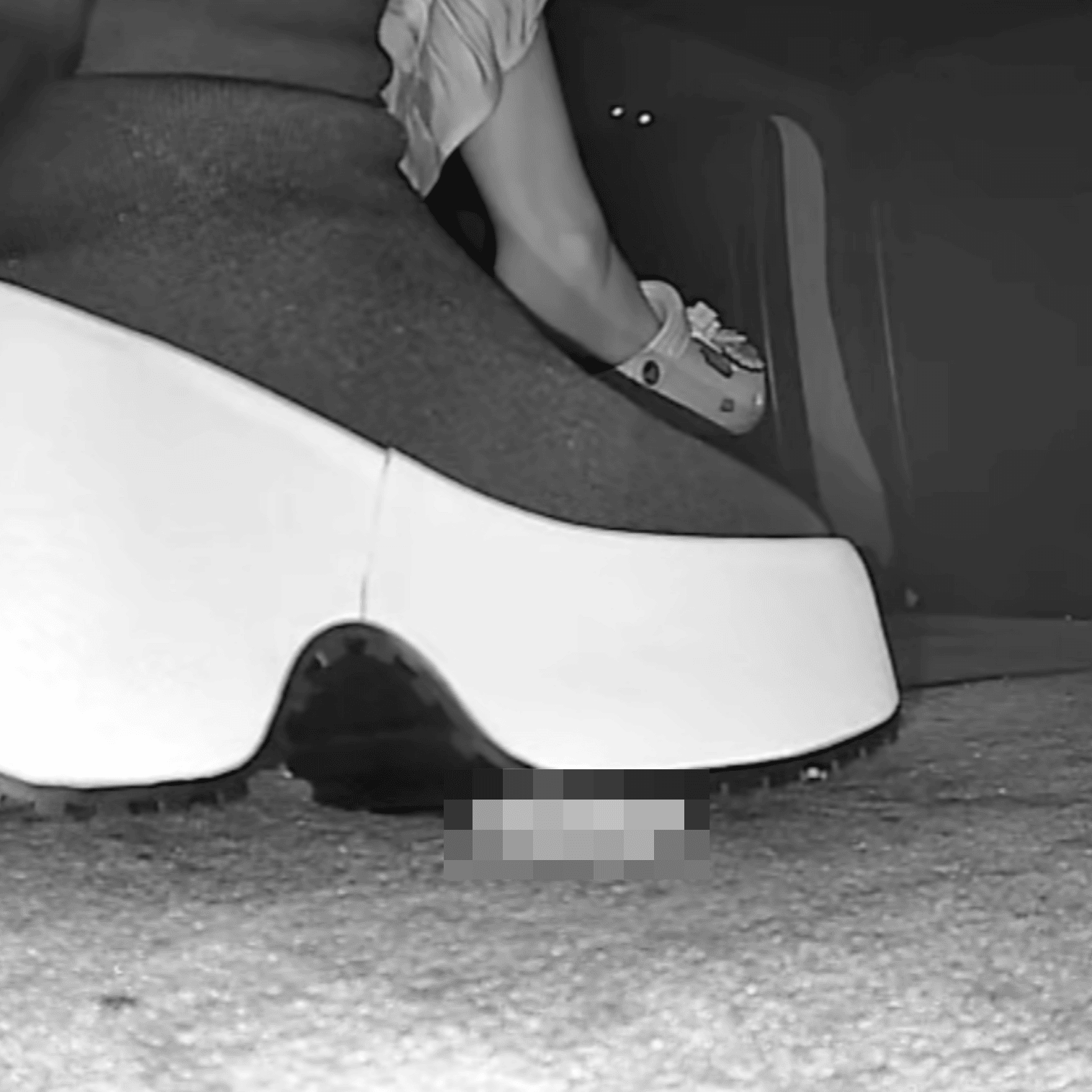 Girl candid hand trample with platform shoes in cinema + candid crush
