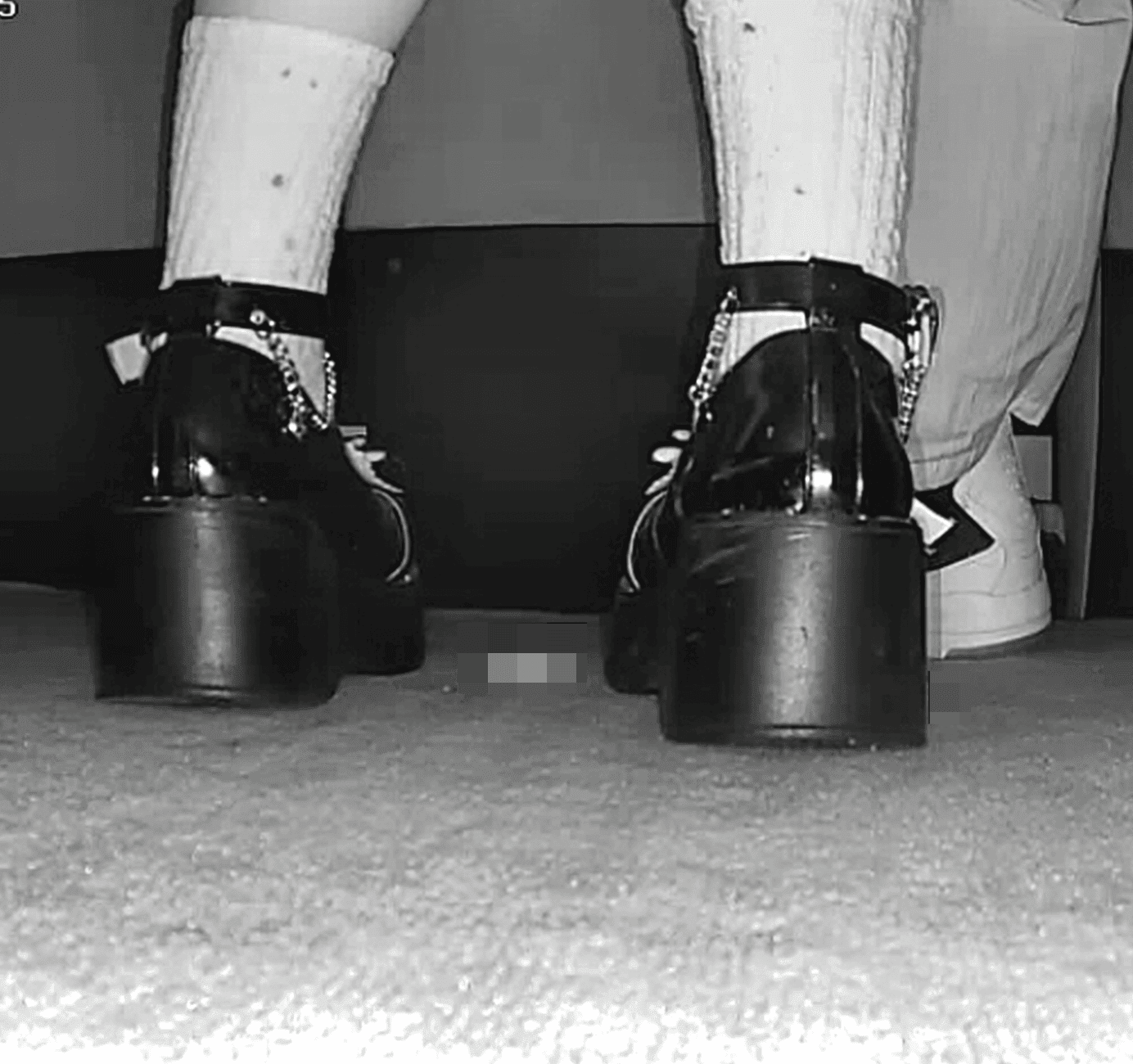 Girl in cinema candid crush with white socks and wedge Mary Jane shoes