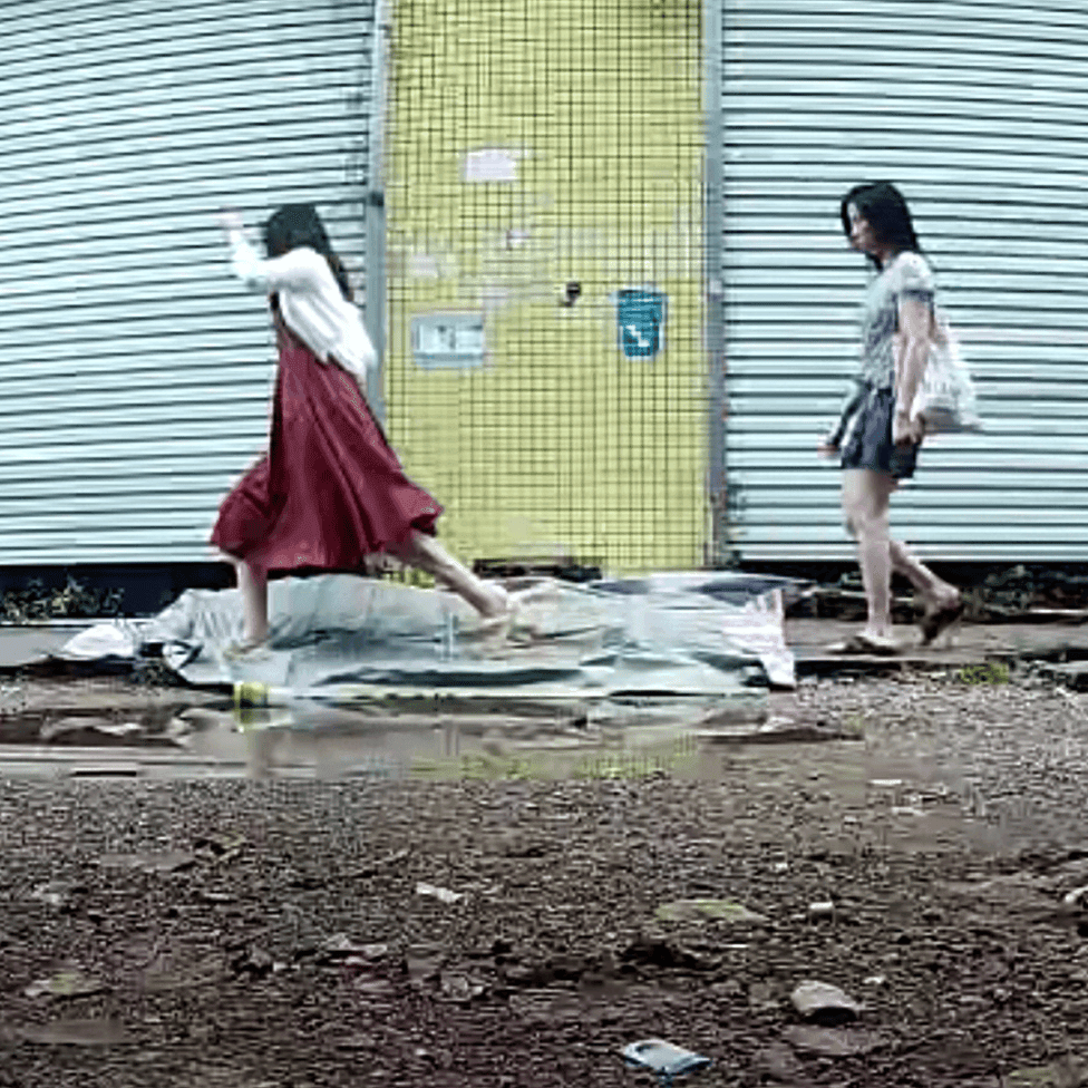Outdoor human carpet trampled by girls (all girls)