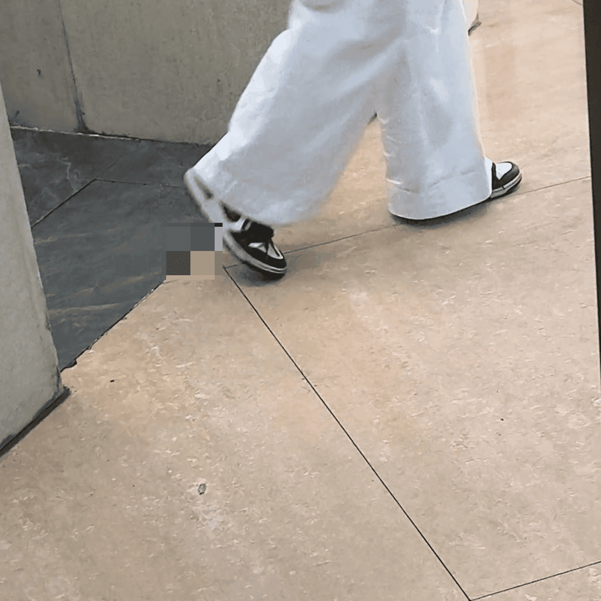 Woman passing by the clothing store entrance and the women's restroom doorway candid crush