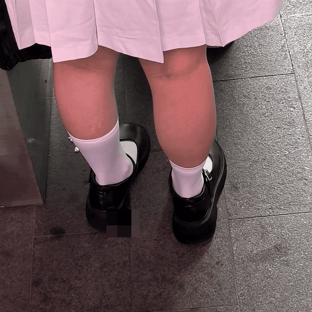 Anime convention woman white socks leather shoes candid crush and noticing